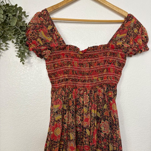 Free People Getaway Red Floral Print Tiered Maxi Dress Smocked XS - Picture 4 of 10
